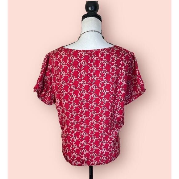 BARRIE PACE Ruby Red Tan Silk Short Sleeve Fitted Blouse Womens 18 2X Plus Top - Picture 7 of 9